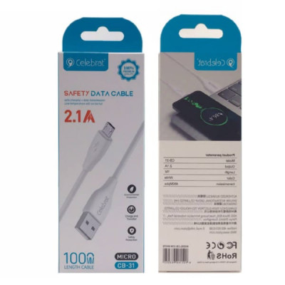 Кабель Micro USB Celebrat CB-31 1м, 2.1А, ПВХ, White
