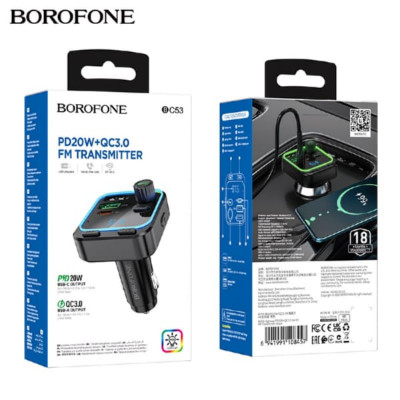 FM-Модулятор Bluetooth/HandsFree BOROFONE BC53 Black (Bluetooth 5.0. чип: JL Jieli.
QC3.0, Выход:USB-A 1: 5V/0.5A (музыка). USB-A 2: 18W (QC/FCP/AFC). Type-C: 20W (PD/QC/FCP/AFC. USB-A 2+Type-C=38W)