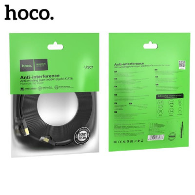 Патч-корд литой 10м Hoco US07 UTP Black. Сердечник: чистая медь, толщина 32. Gigabit Ethernet кабель категории 6, плоский, стандартные коннекторы категории. Подходит для маршрутизатора, ПК и другого оборудования с интерфейсом RJ45, для дома и офиса.