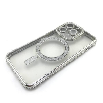 Чехол MagSafe iP 13 Pro со стразами, цвет Silver (с защитой камеры)
