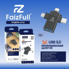 OTG переходник USB(AF)-Lightning(AM)-TYPE-C(AM-Micro(AM) FaizFull FP39 Black 3.0