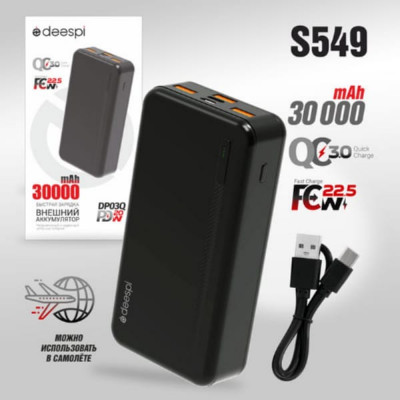 Внешний аккумулятор 30000mAh Deespi DP03Q, QC3.0, PD20W, Black (произведен на заводе НОСО)
Micro - 5V/2.4A, Type-C - 5V/3A, 2USB 4.5V/5A