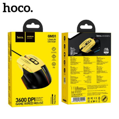 Мышь проводная игровая HOCO GM31 Black/Yellow. Рабочий ток: 20мА. Рабочее напряжение: 5В. Материал: АБС+РС. Вес нетто продукта: 110г. Размер: 121х83х45мм. Тип интерфейса: USB-A. Спецификация провода: диаметр 3,2мм х 1,5м. Срок службы: 3 миллиона кликов. С