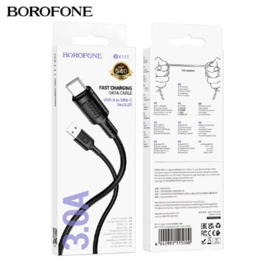 Кабель Type-C BOROFONE BX111 1м, 3A, ПВХ, Black (1/360)