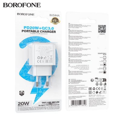 СЗУ-USB-USB-C BOROFONE BAS44A PD20W+QC3.0 18W, White