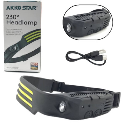 Фонарь налобный AKKOSTAR AK503137 с датчиком 3-х полосная 4W/300lm 230угол (по 2 режима АКБ 1x18650 1800 mAh, Кабель Type-C для зарядки)