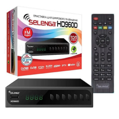 Цифровой ресивер эфирный DVB-T2 Selenga HD960D GX 6702H5, MAXLINEAR MXL 608, дисплей, кнопки, АС3, HDMI, 2 USB, RCA,  ANT IN, DC, LAN, БП встроенный 220 В и  БП внешний 5V/12V,  батарейки ААА, кабель 3,5 Jack-3RCA , Универсальный пульт в комплекте Наличие