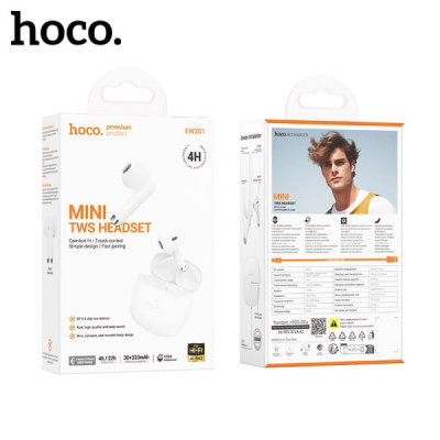 АКЦИЯ!!! Гарнитура вкладыши Bluetooth Hoco EW201 Frost White. Продается КРАТНО 3шт!!! Ёмкость аккумулятора: зарядный чехол 320mAh, гарнитура 30mAh. Время работы: 4 ч. Размер: 49х47х25мм. Общий вес: 43.7г. Поддержка переключения ведущий- ведомый, переключе