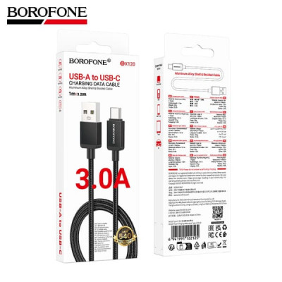 АКЦИЯ!!! Кабель Type-C BOROFONE BX120 1м, 3A, нейлон, Black. Продается КРАТНО 30шт!!!