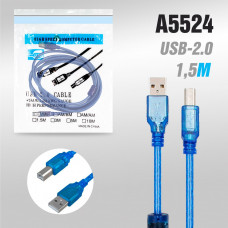 АКЦИЯ!!!  Кабель для принтера 1,5м с фильтром USB 2.0 AM-BM, синий. Продается КРАТНО 20шт!!!