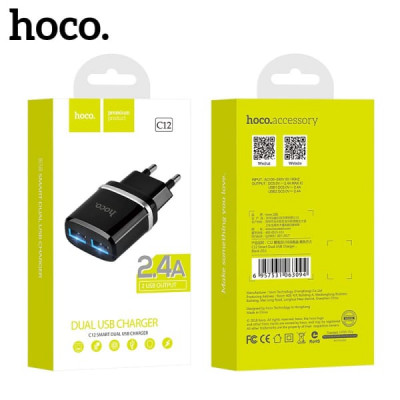 СЗУ-2USB HOCO C12 2,4А, Black АКЦИЯ!!! Кратно 10 шт!