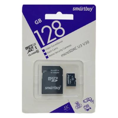 Карта памяти MicroSDXC SmartBuy 128GB Сlass 10 UHS-I V10 для видеонаблюдения + SD адаптер