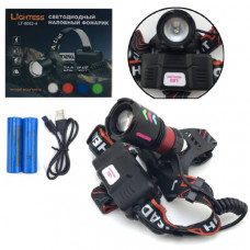 Фонарь налобный Lightess LT-8096-4 (ZOOM, АКБ 2 x 18650 8800mAh, кабель Type-C для зарядки, LED-белый, красный, синий, зеленый)