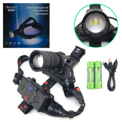 Фонарь налобный Lightess 1012-2A P70 (ZOOM, АКБ 2 x 18650 8800mAh, кабель Type-C для зарядки, LED-белый)