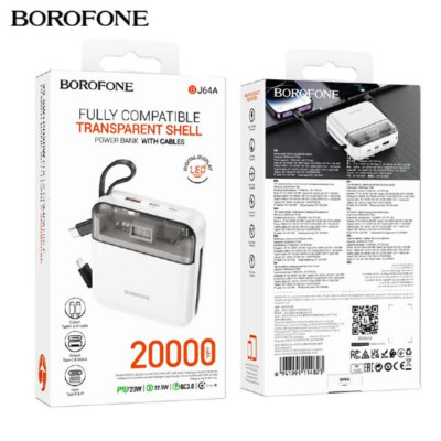 Внешний аккумулятор 20000 mAh Borofone BJ64A White 22.5W+PD20W Емкость: 20000 мАч, 77 Втч номинальная емкость: 11000 мАч

 Вход: тип C: 18 Вт; Мощность освещения: 18 Вт

 Кабель Lightning: 5 В/2А; общая мощность: 5В/2А. Экран: светодиодный цифровой экран

