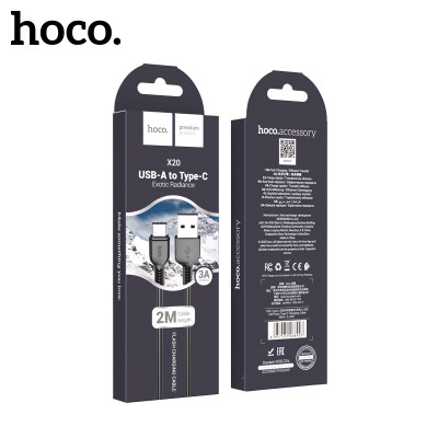 Кабель Type-C HOCO X20 2м, 3A, ПВХ, Black.АКЦИЯ!!! Кратно  20 шт!
