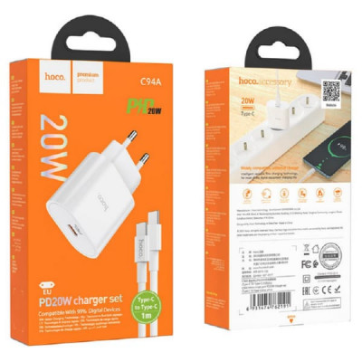 АКЦИЯ!!! СЗУ-USB-C (Type-C)-Type-C HOCO C94A 1м, PD20W, 3.0A, White. Продается КРАТНО 3шт!!!