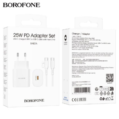 АКЦИЯ!!! СЗУ-USB-C (Type-C)-Type-C BOROFONE BA82A 1м, 3A PD25W, White. Продается КРАТНО 3шт!!!