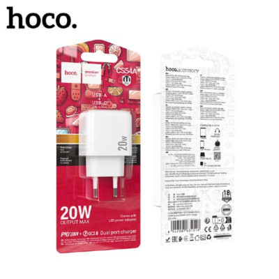 АКЦИЯ!!! СЗУ-USB-USB-C HOCO CS54A PD20W+18W QC 3.0A, White. Продается КРАТНО 3шт!!!