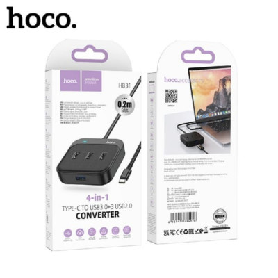АКЦИЯ!!! USB HUB 4 порта Hoco HB31 Easy 4-in-1 converter. Продается упаковкой (в упаковке 2шт). (Type-C to USB3.0+USB2.0х3)(L=0.2M)
