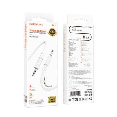 Кабель Аудио 3,5 Jack-3,5 Jack BOROFONE BL21 1м, TPE, White, полупрозрачный корпус