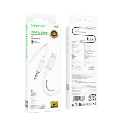 Аудио переходник Type-C(AM)-Jack3,5(AM) Borofone BL21 1м, TPE, White