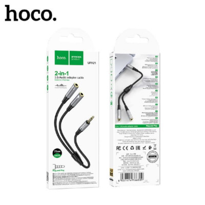 Разветвитель AUX 2х3,5 Jack (мама) - 3,5 Jack (папа) HOCO UPA21 Metal Gray,  длина 25см.