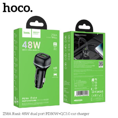 АЗУ-USB-USB-C HOCO Z58A 48W, PD30W+QC3.0 18W, Black. Вход:DC12-24V. Выход USB-A: 18W, USB-C: 20W.