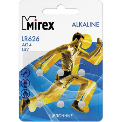 Батарейка Mirex AG4 (LR626) 1,5V BL-6 (6/216/648)