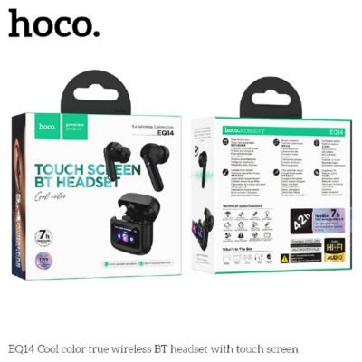 Гарнитура вакуумная Bluetooth HOCO EQ14 Black с сенсорным экраном. Емкость батареи: зарядный чехол 500mAh; гарнитура 40mAh. Время работы: 7ч. На экране отображается текущий уровень заряда и точное время работы наушников и зарядного чехла. Материал: ABS; Р
