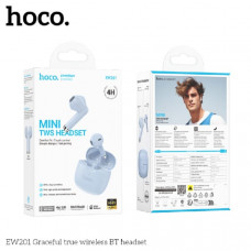 Гарнитура вкладыши Bluetooth Hoco EW201 Blue Star. Ёмкость аккумулятора: зарядный чехол 320mAh, гарнитура 30mAh. Время работы: 4 ч. Размер: 49х47х25мм. Общий вес: 43.7г. Поддержка переключения ведущий- ведомый, переключения песен, вызова Siri и других фун