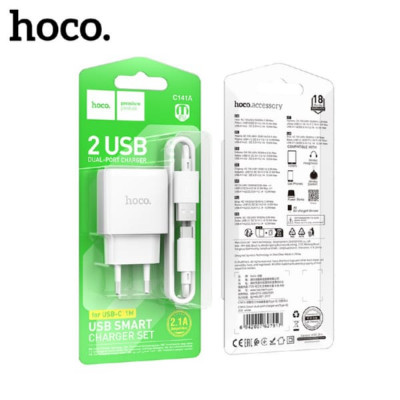 АКЦИЯ! СЗУ-2USB Type-C HOCO C141A 1м, 2.1A, White. Продается КРАТНО 15шт!!!
