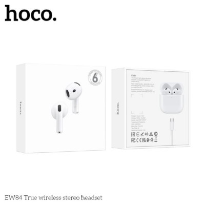 Гарнитура вкладыши Bluetooth Hoco EW84 White. Емкость аккумулятора  кейс 300mAh, гарнитура 35mAh. Время работы: 6 часов. Поддержка переключения между ведущим и ведомым устройствами, переключения песен вверх и вниз, вызова Siri и других функций.