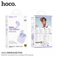 Гарнитура вкладыши Bluetooth Hoco EW201 Purple. Ёмкость аккумулятора: зарядный чехол 320mAh, гарнитура 30mAh. Время работы: 4 ч. Размер: 49х47х25мм. Общий вес: 43.7г. Поддержка переключения ведущий- ведомый, переключения песен, вызова Siri и других функци