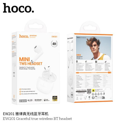 Гарнитура вкладыши Bluetooth Hoco EW201 Frost White. Ёмкость аккумулятора: зарядный чехол 320mAh, гарнитура 30mAh. Время работы: 4 ч. Размер: 49х47х25мм. Общий вес: 43.7г. Поддержка переключения ведущий- ведомый, переключения песен, вызова Siri и других ф