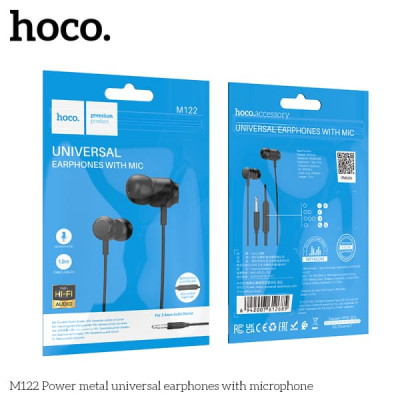 Гарнитура вакуумная HOCO M122 Black. AUX разъём, с МК, без рег.громкости, длина 1,2м.