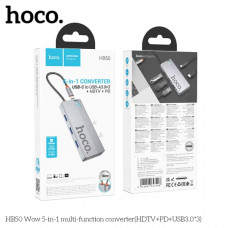 USB Hub Переходник HOCO HB50 5в1 (HDTV+PD+USB3.0х3). Хаб изготовлен из алюминиевого сплава и акрила, что обеспечивает его прочность и долговечность. Type-C  Поддерживает входное напряжение Power Delivery до 100W, что позволяет заряжать устройства быстрее 
