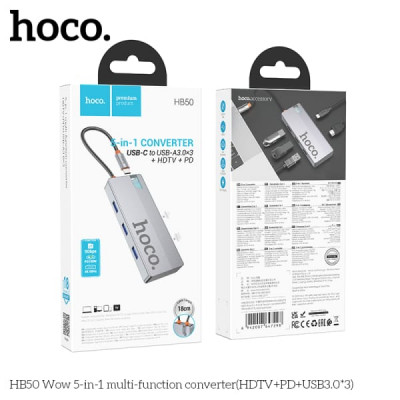 USB Hub Переходник HOCO HB50 5в1 (HDTV+PD+USB3.0х3). Хаб изготовлен из алюминиевого сплава и акрила, что обеспечивает его прочность и долговечность. Type-C  Поддерживает входное напряжение Power Delivery до 100W, что позволяет заряжать устройства быстрее 