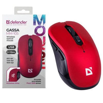 Мышь беспроводная DEFENDER Gassa MM-105, 6D, 800-1600dpi, бесшумная, красный