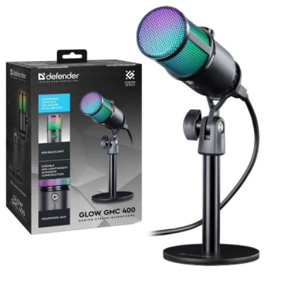 Микрофон проводной DEFENDER Glow GMC 400 игровой, стрим, USB, провод 1,3 м, RGB подсветка, разъем для наушников, алюминиевая конструкция.
