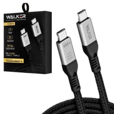 Кабель USB-C/USB-C WALKER C995 1м, 240W, нейлон, Black, совместим с Thunderbolt 4