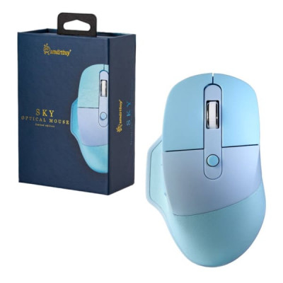 Мышь беспроводная Smartbuy 615AG Sky беззвучная, голубой. DPI 1200/1600/2400, радиус 6-10м, 6кнопок (5+ кнопка DPI), батарейка АА (в к-те). Soft-Touch покрытие с текстурой кожи, кнопка вкл/выкл питания, автоотключение при бездействии. 124х77х43мм, 105г.