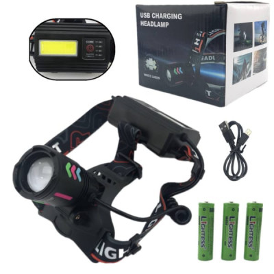Фонарь налобный Lightess LT-8096-3-PM20-2TG (4 режима (белый+желтый), ZOOM, АКБ 3x18650 8800mAh, кабель Type-C для зарядки, разъем USB, + 4 режима LED-белый, красный, индикатор заряда)