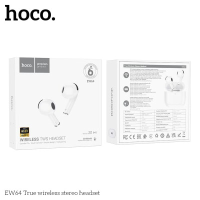 Гарнитура вкладыши Bluetooth Hoco EW64 White. BT V 5.3. Емкость аккумулятора 35mAh. Емкость кейса 300mAh. Время зарядки 1 час, время использования 1,5 часа.
