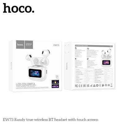 Гарнитура вкладыши Bluetooth Hoco EW73 White с сенсорным экраном. Емкость аккумулятора кейса 300mAh, наушников 30mAh. Время работы 4ч. Различные настройки функций могут управляться непосредственно на экране кейса. На интеллектуальном сенсорном экране со с