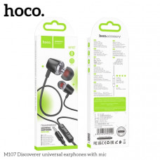 Гарнитура вакуумная HOCO M107 Discoverer Black с микрофоном. Материал: ABS + TPE. Длина кабеля: 1,2 м; вес: 12 г