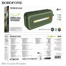 Портативная колонка Borofone BP20 Joy sports Army Green Размеры:230х60х100мм. 680г. BT V5.3 . Время зарядки: около 4 часов. В режиме разговора / воспроизведения: около 3 часов.