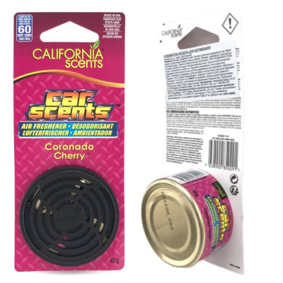 Ароматизатор CALIFORNIA SCENTS Coronado Cherry под сиденье, банка на блистере. Внутри 3 подушечки из органического волокна. Жалюзи на крышечке для регулировки интенсивности аромата
