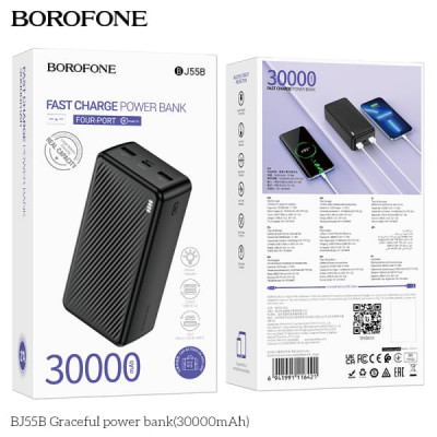 Внешний аккумулятор 30000 mAh Borofone BJ55B Black. Вход: USB-C/Micro-USB: 5 В/2А. Выход: USB-A 1/2: 5В/2А; Общий выход: 5 В/2А. Светодиодный индикатор уровня заряда. Размер: 139х68х40 мм; Вес: 590 г.