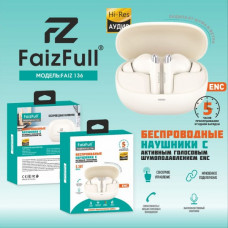 Гарнитура вакуумная Bluetooth FaizFull FAIZ 136 Gold ENC. BT V5.3, время звучания/разговора 5ч, акб наушников 35 мАч, акб кейса 350 мАч, время зарядки 1,5ч.
